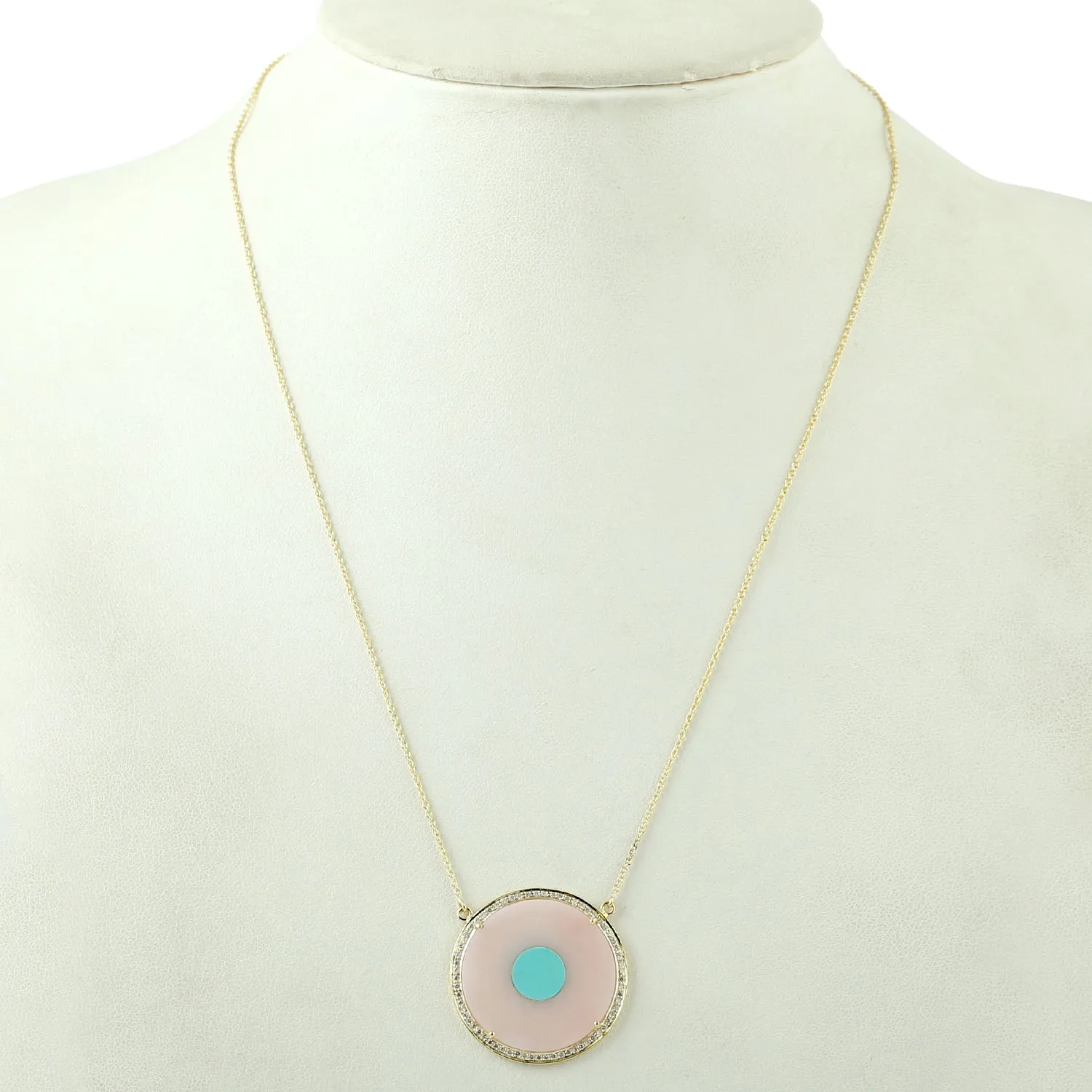 Turquoise Opal Pink Diamond Evil Eye 18k Yellow Gold Pendant Necklace For Her