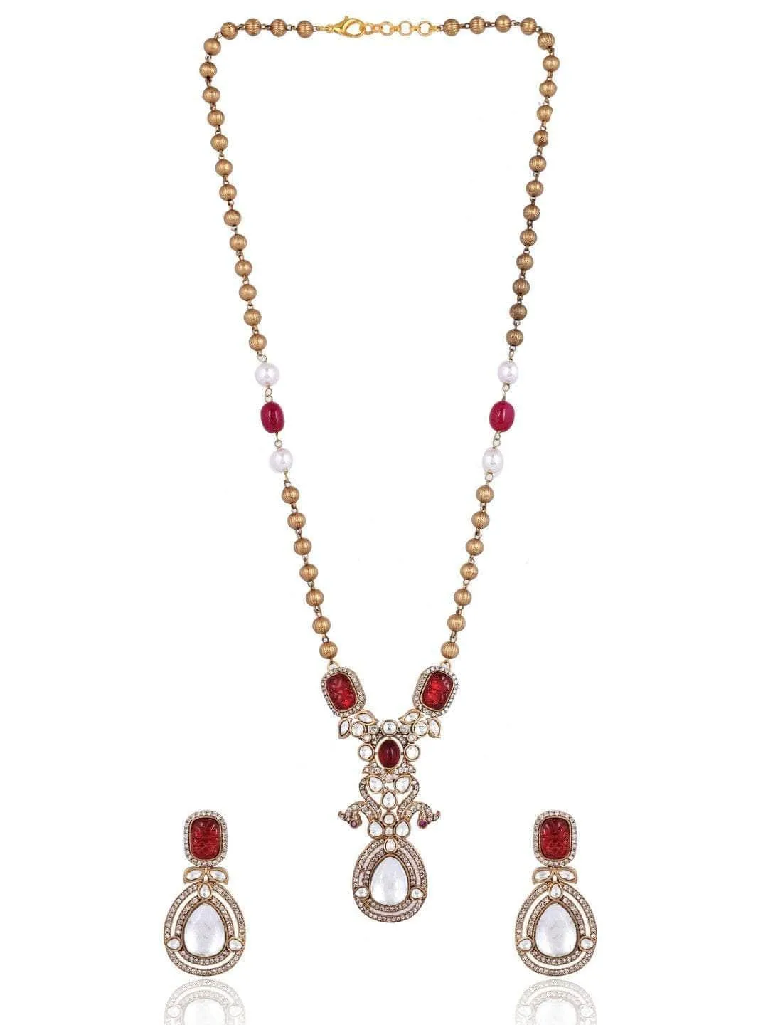 Victorian Long Polki Necklace Set Red