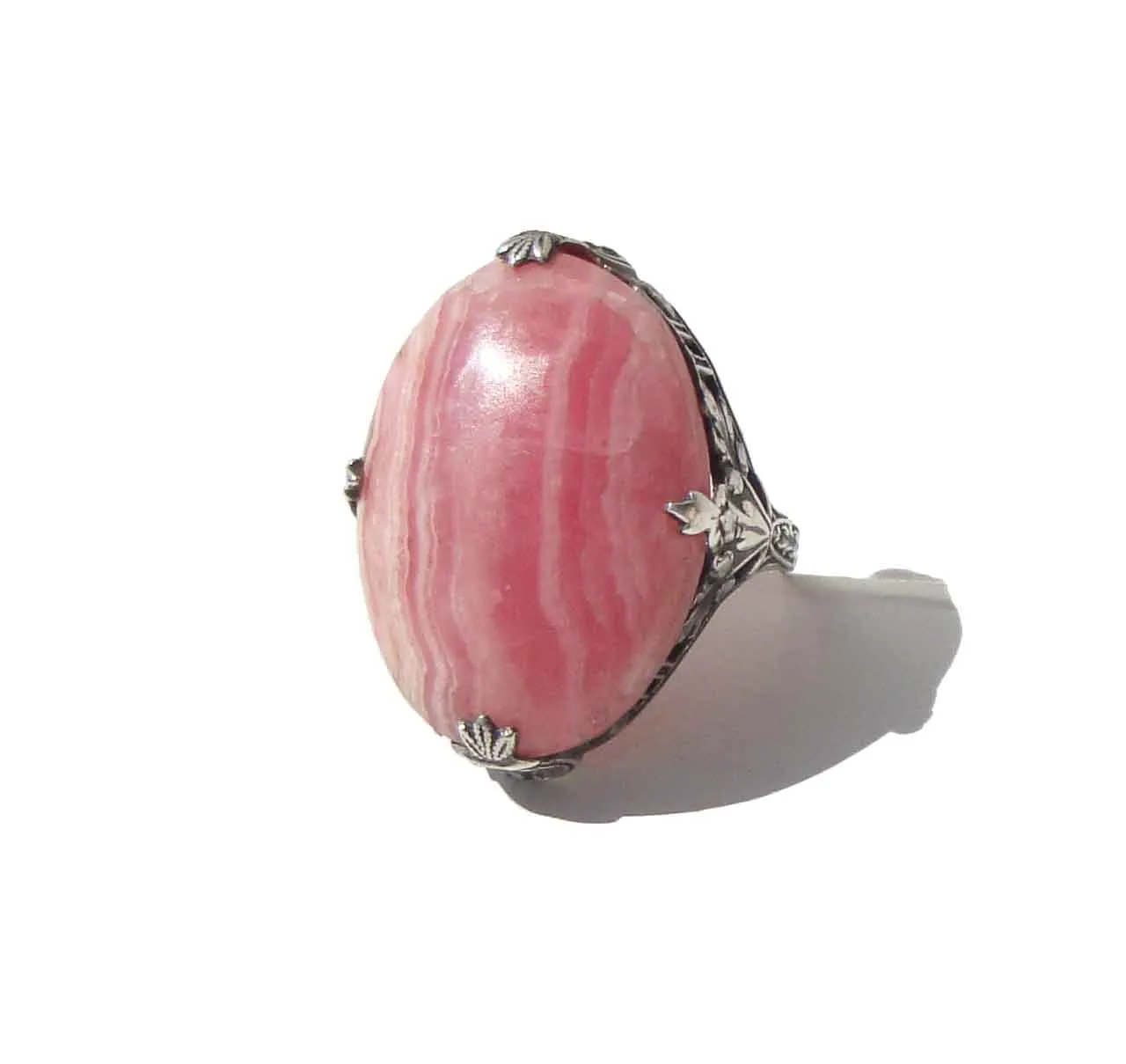 Vintage Art Deco Ring Sterling Silver & Rhodochrosite Sz 6.25