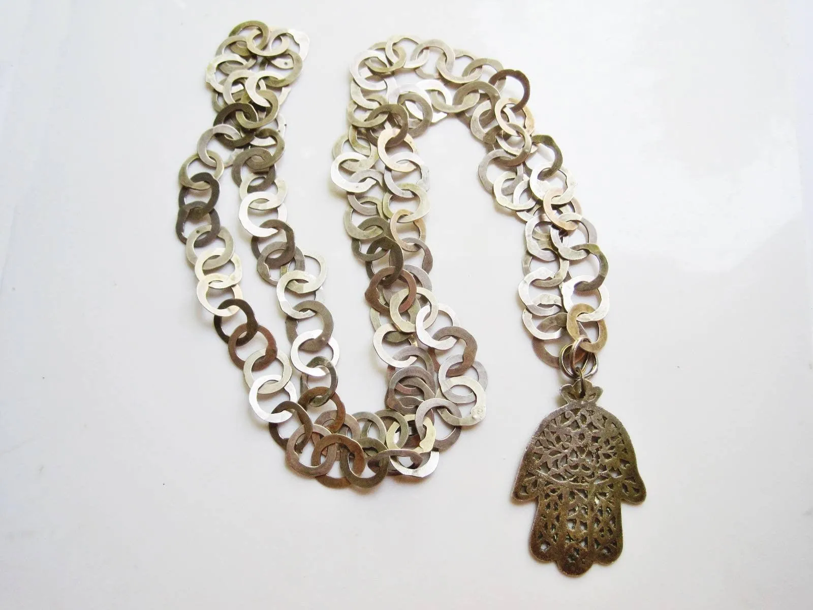 Vintage Berber Khamsa Necklace, Tunisian Rihana Silver Chain and Khamsa Pendant