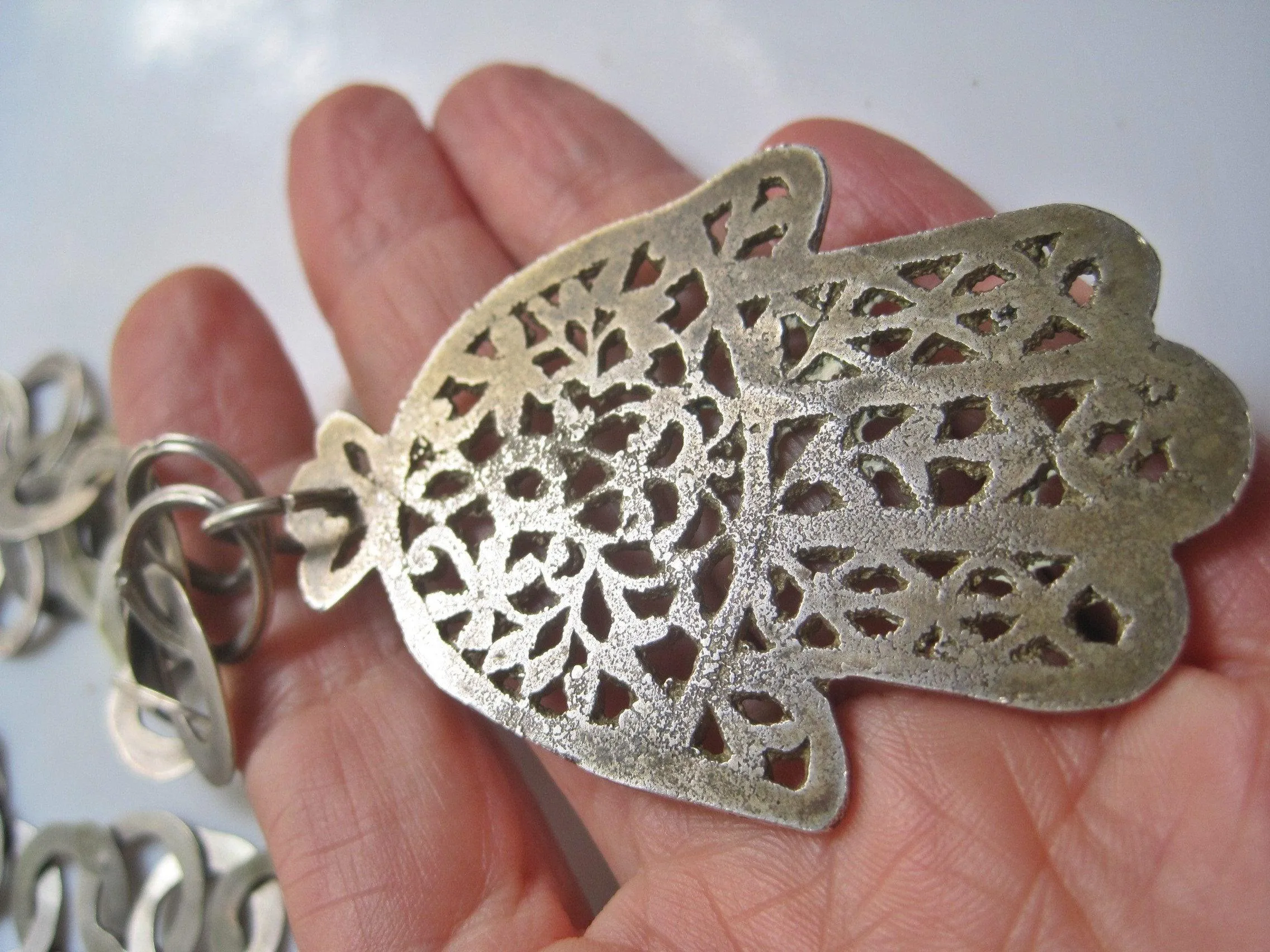 Vintage Berber Khamsa Necklace, Tunisian Rihana Silver Chain and Khamsa Pendant