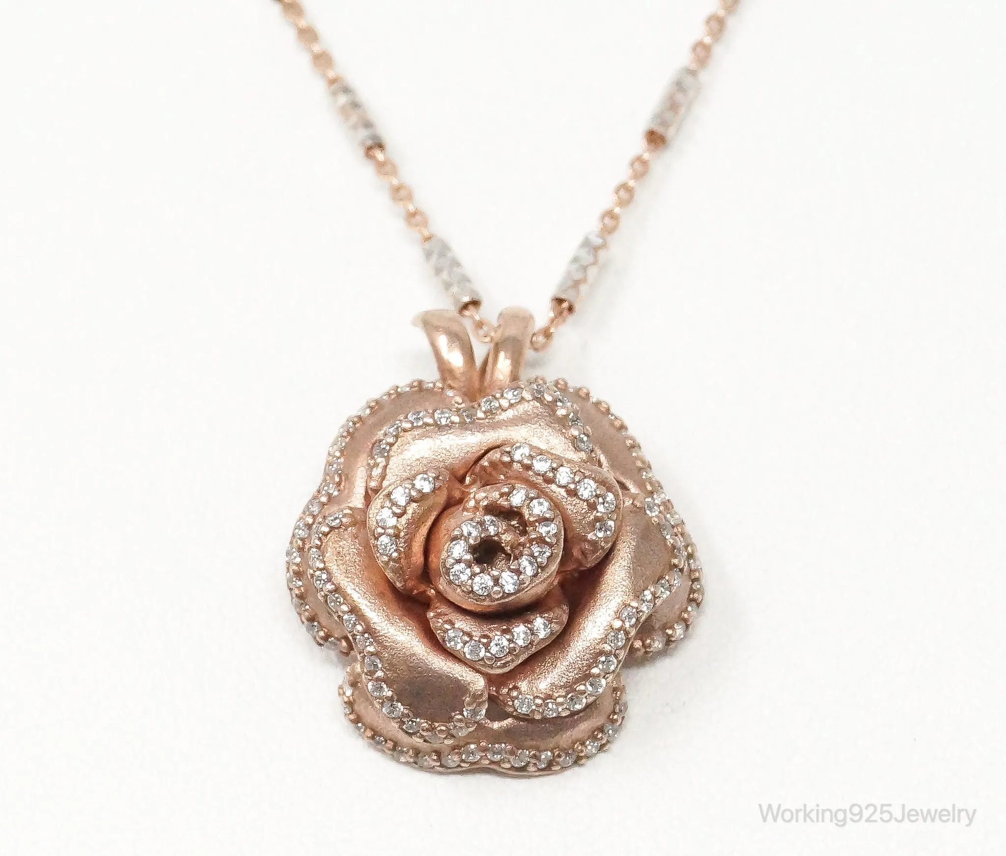 Vintage Cubic Zirconia Rose Gold Vermeil Sterling Silver Flower Necklace