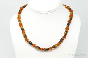 Vintage Designer GSJ Amber Tigers Eye Beads Sterling Silver Necklace