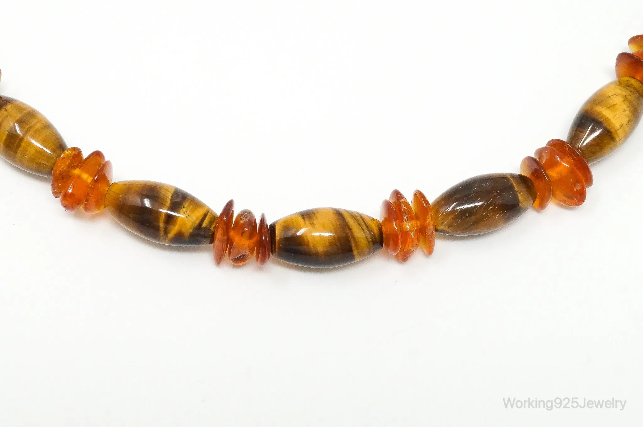 Vintage Designer GSJ Amber Tigers Eye Beads Sterling Silver Necklace