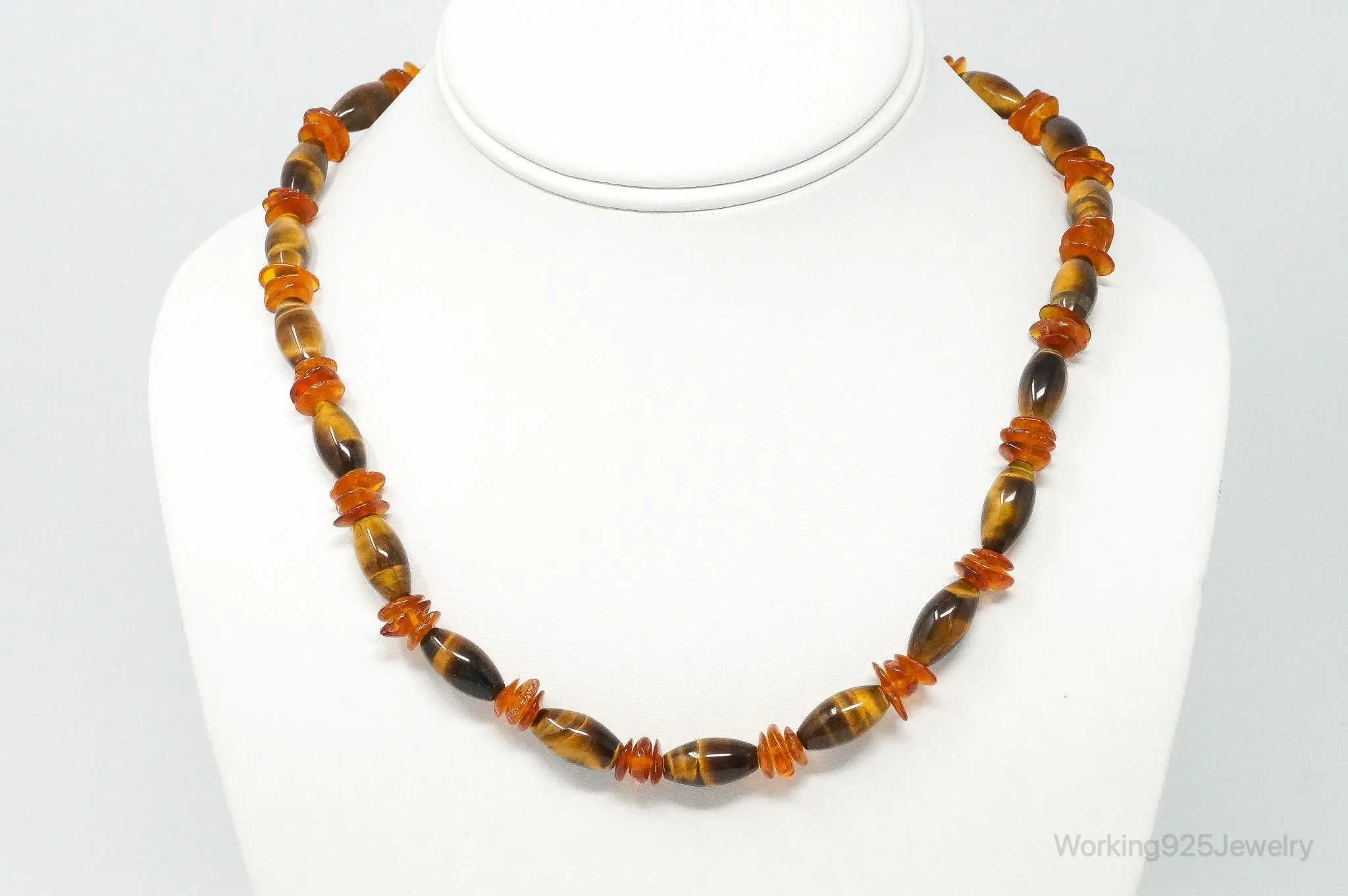 Vintage Designer GSJ Amber Tigers Eye Beads Sterling Silver Necklace