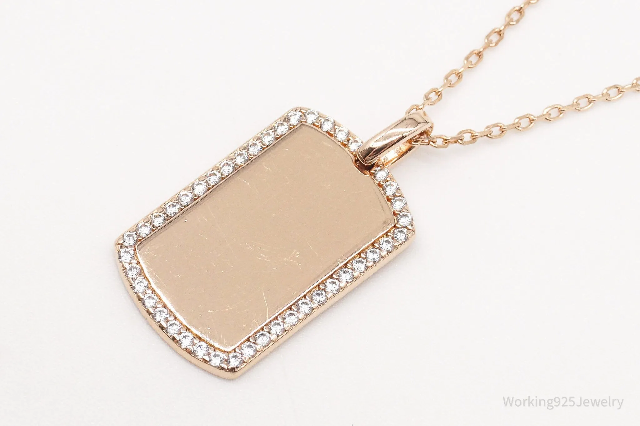 Vintage JCL Cubic Zirconia Rose Gold Vermeil Sterling Silver Dog Tag Necklace 20"