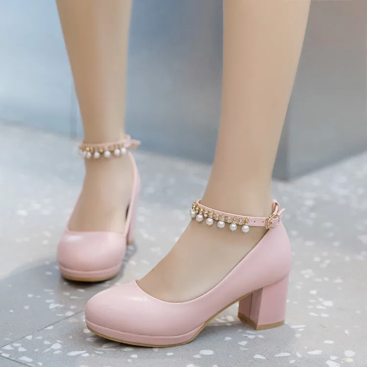 Women ankle ring rhinestone buckle strap closed toe chunky heels