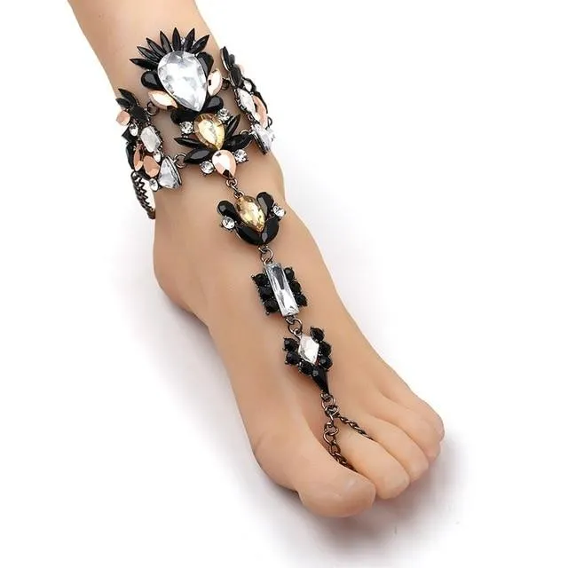 Women boho beach vacation ring toe crystal anklets