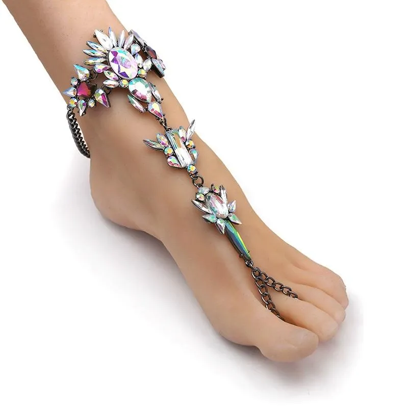 Women boho beach vacation ring toe crystal anklets