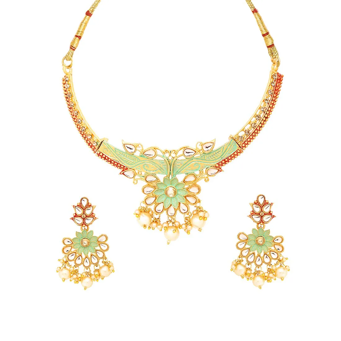 Yellow Chimes Choker Necklace Set for Women Gold Plated Meenakari Jewellery Set Traditional Floral Choker Necklace Set for Women and Girls.