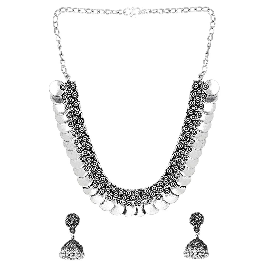 Yellow Chimes Jewellery Set for Women and Girls Traditional Silver Oxidised Jewellery Set Silver Choker Set | Afghani Style Coin Choker Necklace Set for Women | Birthday Gift For Girls and Women Anniversary Gift for Wife