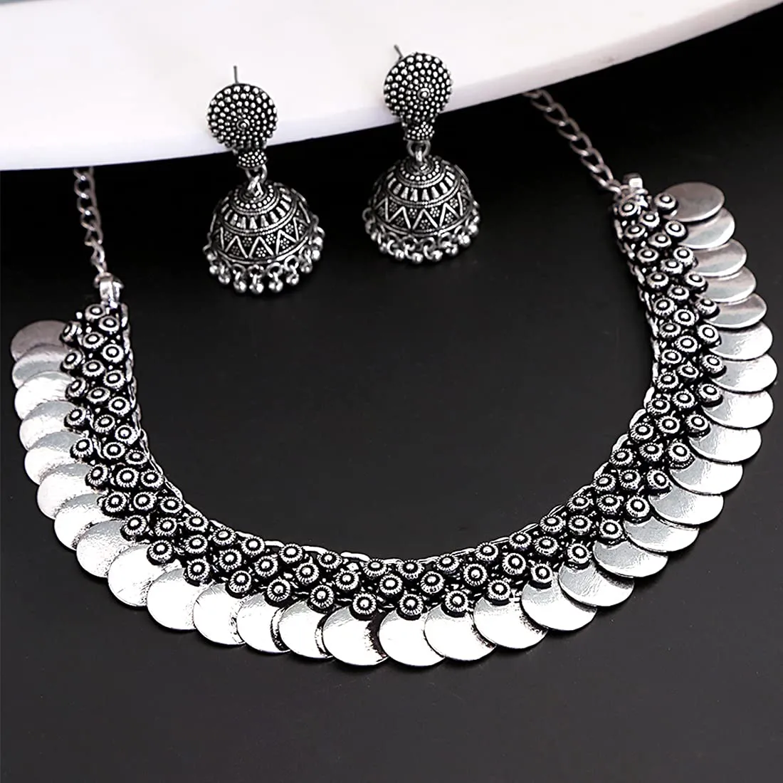 Yellow Chimes Jewellery Set for Women and Girls Traditional Silver Oxidised Jewellery Set Silver Choker Set | Afghani Style Coin Choker Necklace Set for Women | Birthday Gift For Girls and Women Anniversary Gift for Wife