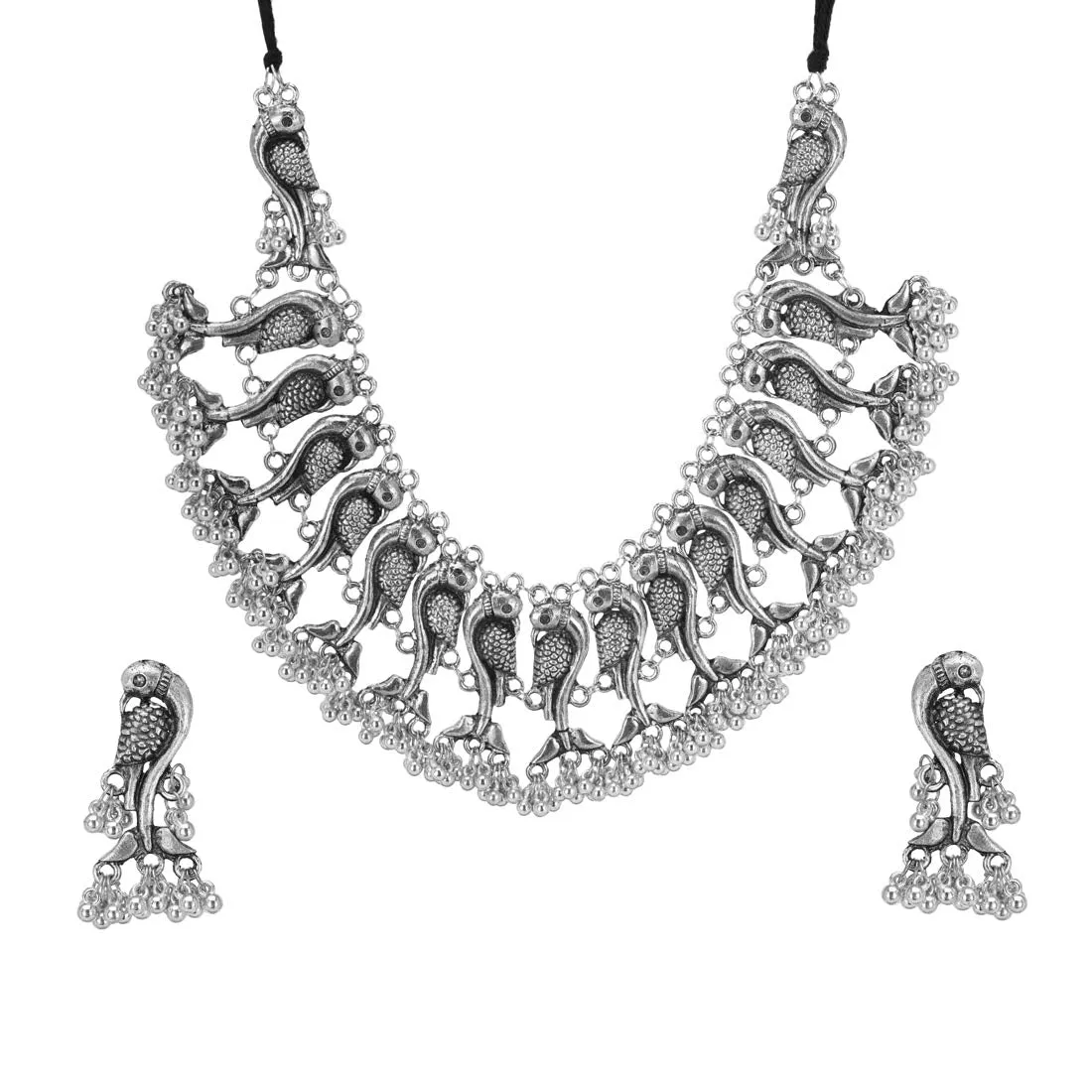 Yellow Chimes Oxidised Jewellery Set for Women Silver Oxidised Jewellery Set Peacock Carved Choker Necklace Set for Women and Girls