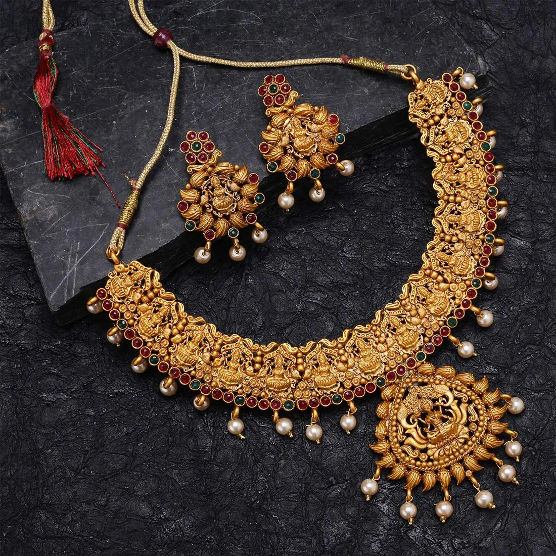 Yellow Chimes Traditional Jewellery Set for Women Ethnic Jewellery Set Gold Plated Temple Jewelry Set Traditional Choker Necklace Set for Women and Girls